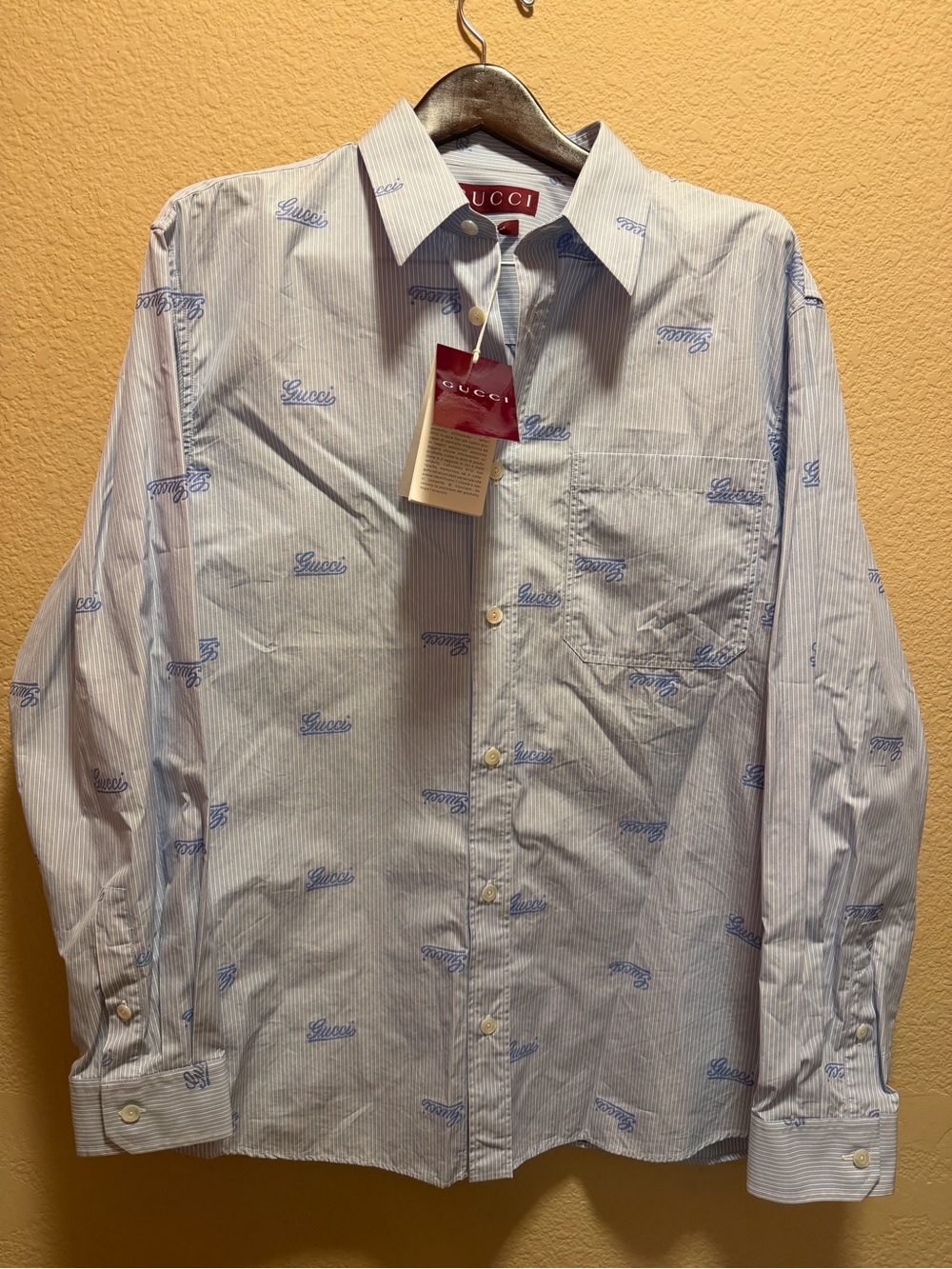New Authentic Gucci Logo Button Up Casual Shirt White Blue Size IT 50 / US L